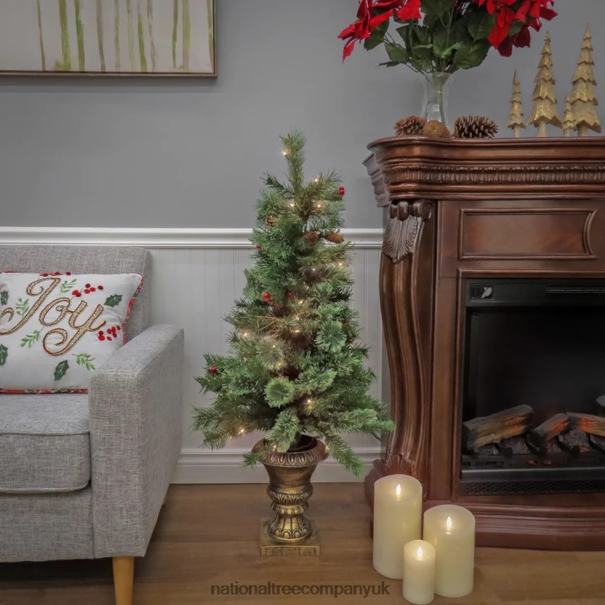 Trees | National Tree Company Artificial Glistening Pine Entrance Christmas Tree with Red Berries and Pinecones Pre-Lit with Clear Incandescent Lights Plug In 4 ft F2L4F100